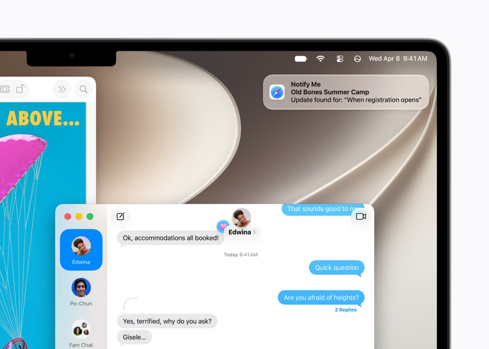 A MacBook Pro screen shows a text conversation window as well as a Notify Me message letting the user know there’s an update about when a summer camp’s registration opens.