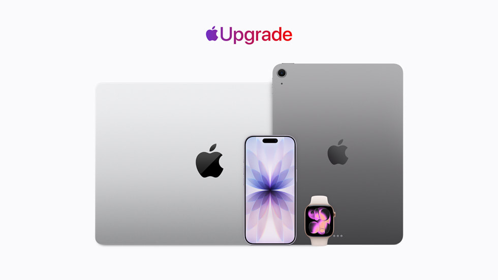 Four devices — MacBook Pro, iPad Pro, iPhone 17 Pro, and Apple Watch — are shown against a white background, along with baked-in copy that shows the Apple logo and the word “Upgrade.”