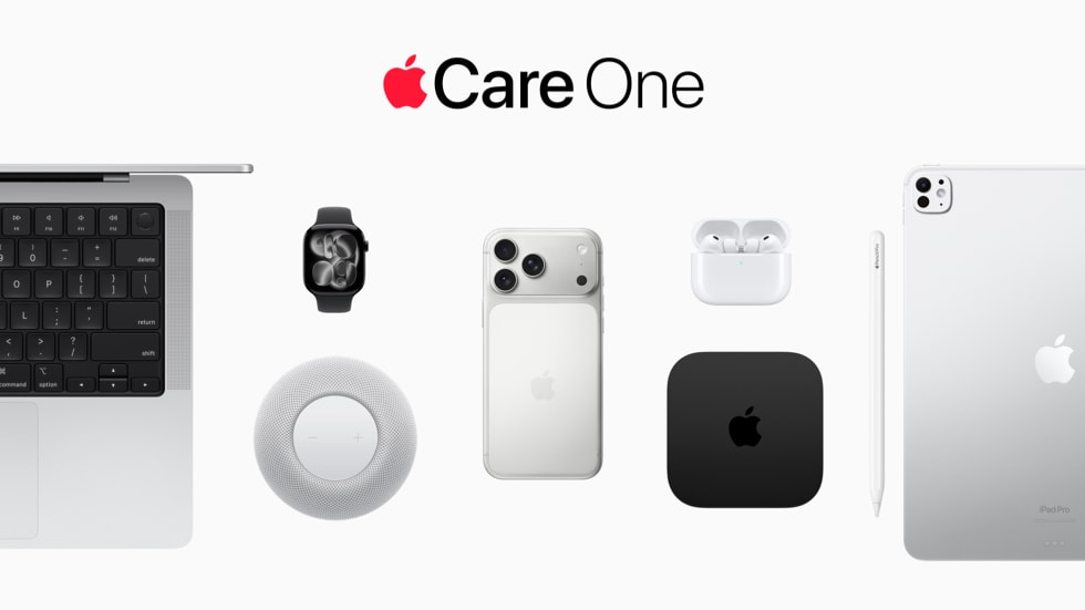 Das AppleCare One Logo über MacBook, Apple Watch, HomePod, iPhone, AirPods, Apple TV, Apple Pencil und einem iPad.