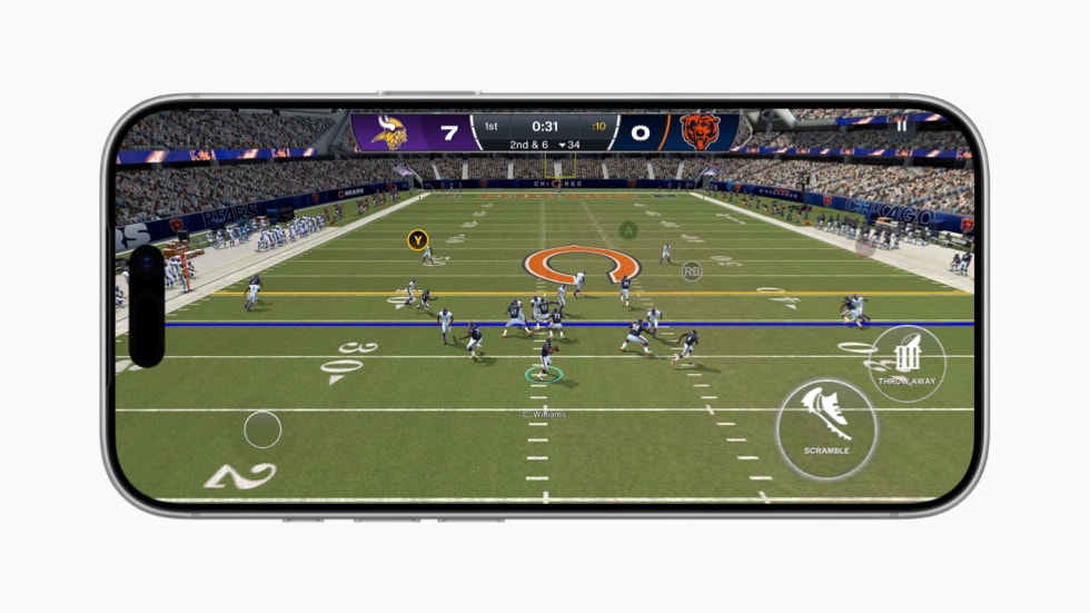 A screen on iPhone 17 Pro displays an overhead view of gameplay from Madden NFL 27.