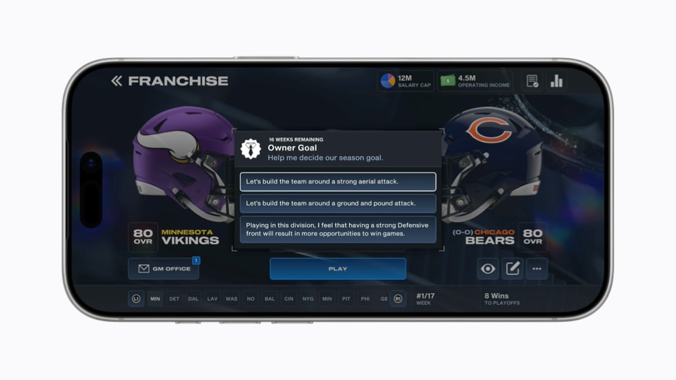 A screen on iPhone 17 Pro displays Franchise mode on Madden NFL 27.