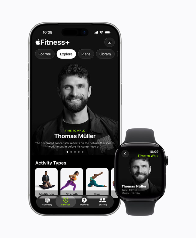 An Apple Fitness+ screen of the Thomas Müller episode of Time to Walk is displayed on iPhone 17 Pro and Apple Watch Series 11.