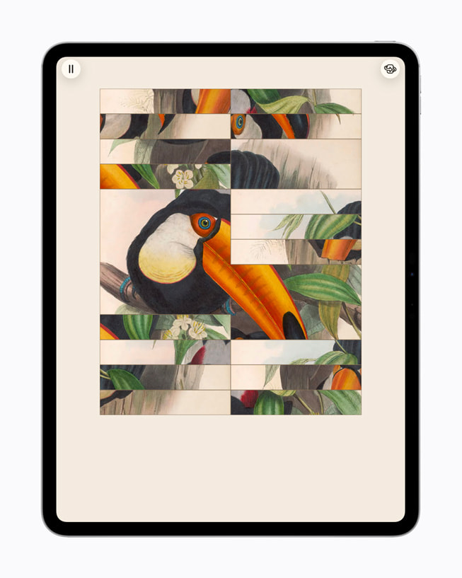 Un iPad Pro 13 pouces affiche un casse-tête mélangé représentant un oiseau dans Art of Fauna: Cozy Puzzles+.