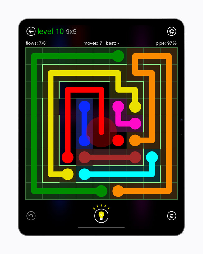 L’écran de jeu coloré de Flow Free+, affiché sur un iPad Air 13 pouces.