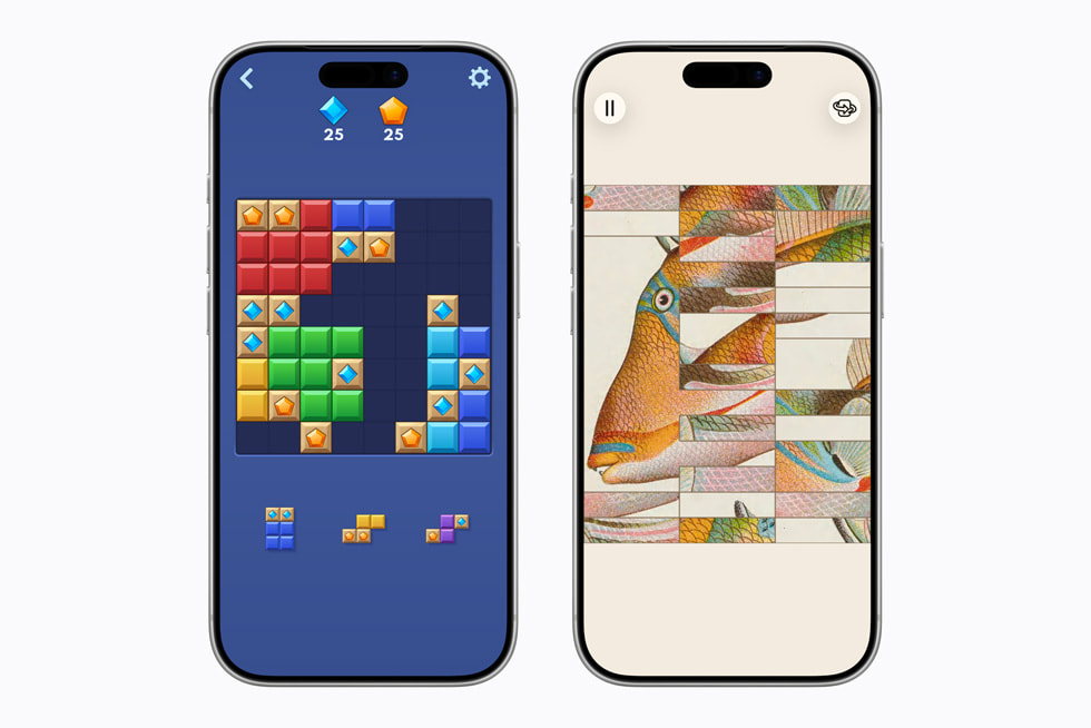 Deux iPhone 17 Pro montrés côte à côte, l’un affichant le jeu Block Blast!+ et l’autre, Art of Fauna: Cozy Puzzles+.