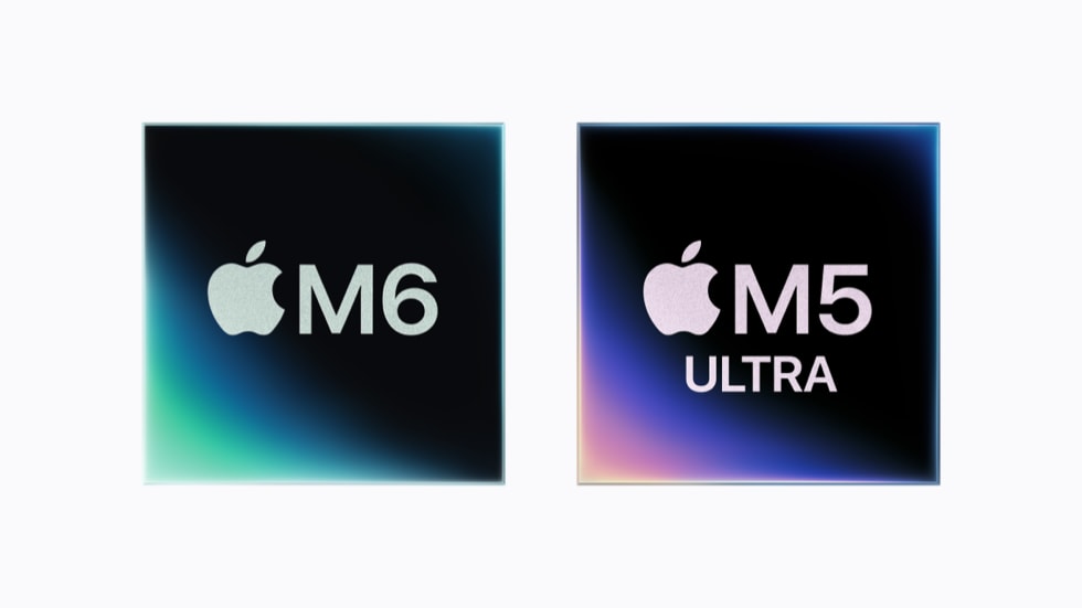Logos for the Apple M6 chip and Apple M5 Ultra chip side-by-side.
