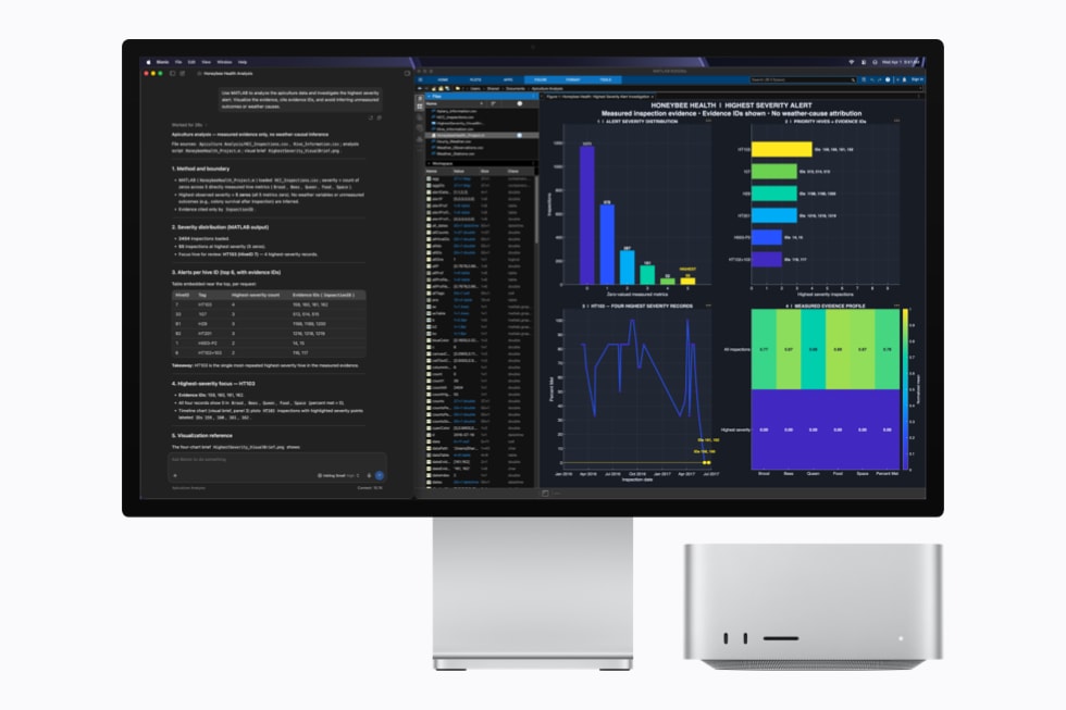 Mac Studio and Studio Display show complex data visualizations and graphs in LM Studio Bionic and MATLAB.