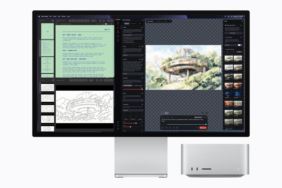 Mac Studio is pictured with a display showing the app Draw Things.