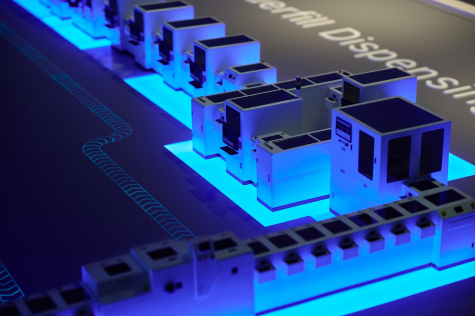 A closeup of a scale model of the factory floor at Apple’s Advanced Manufacturing Center in Houston.