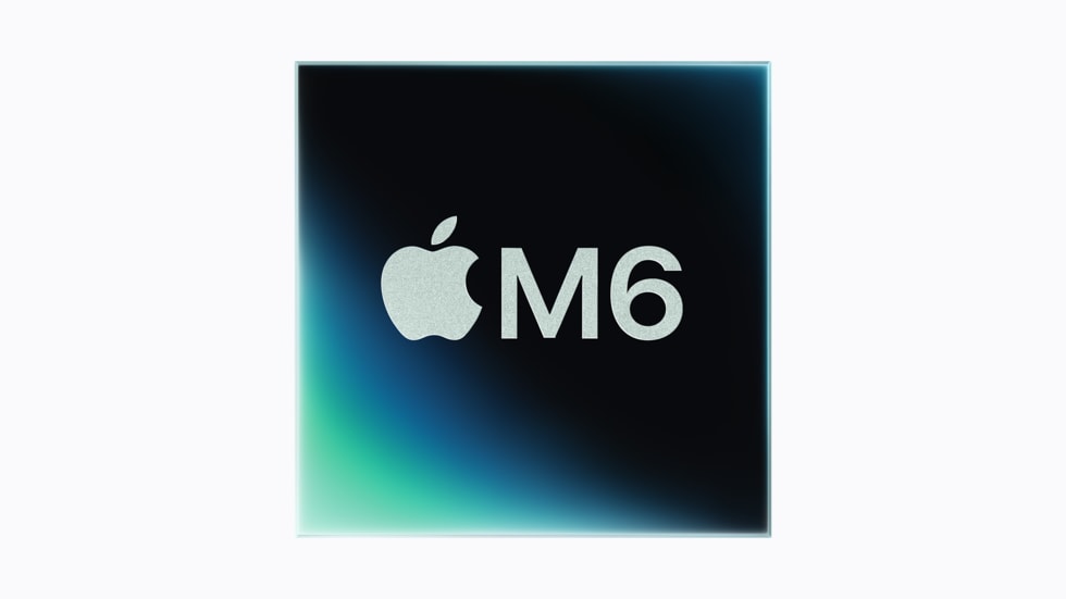 The Apple M6 chip logo on a blue and purple gradient background.