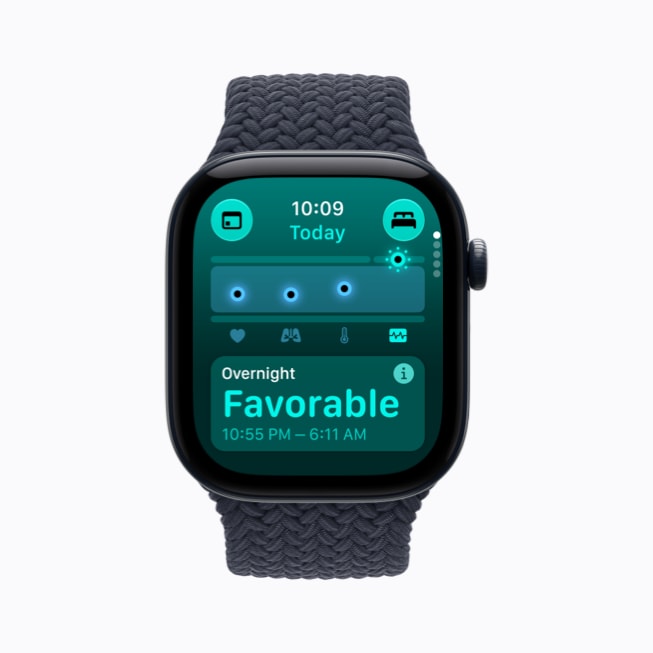 A user’s Apple Watch Series 12 shows their overnight vitals in the Vitals app, with a reading that says “Favorable.”