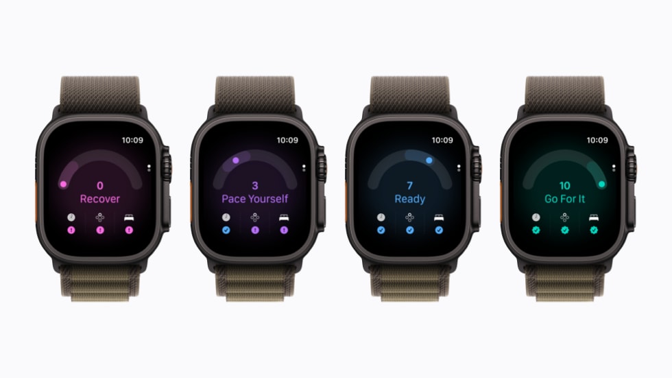 Four Apple Watch Ultra 4 devices show the Readiness app, with screens that read: “Recover,” “Pace Yourself,” “Ready,” and “Go For It.”
