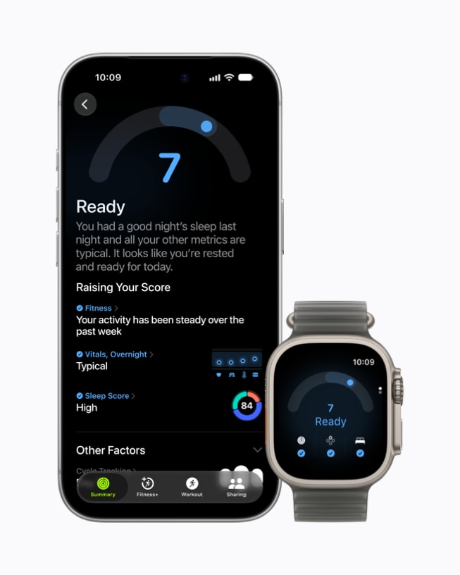 A user’s iPhone 18 Pro and Apple Watch Series 12 show the Readiness app, with a score of 7 and “Ready.”