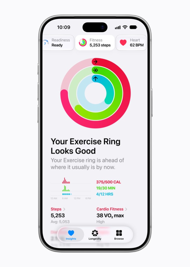 A user’s iPhone 18 Pro shows Exercise ring data from the Insights tab in the Health app. A summary reads “Your Exercise Ring Looks Good.”