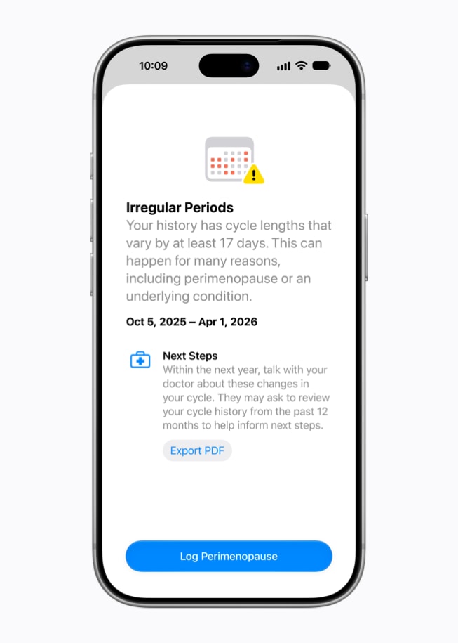 In the updated Health app, a user gets a notification that reads “Irregular Periods” and prompts the user to log perimenopause.