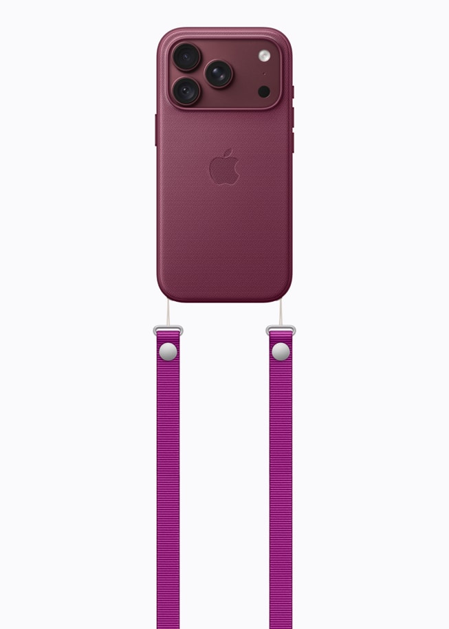 A burgundy iPhone 18 Pro with coordinating case is paired with a magenta Crossbody Strap.