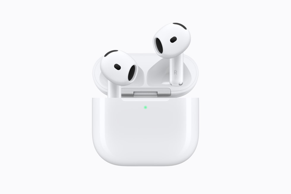 A photo of AirPods 5 and their charging case.
