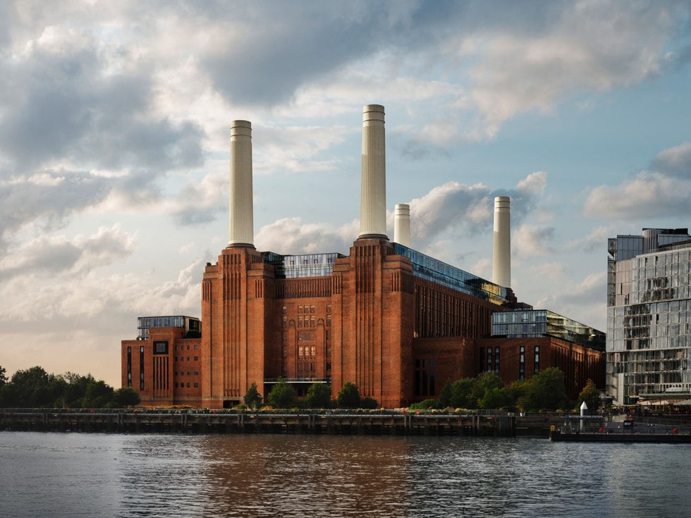 The exterior of Apple Music Hall inside Battersea Power Station on the River Thames.