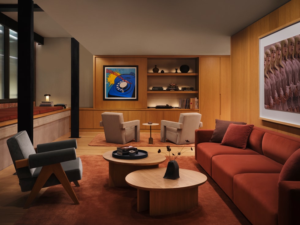 A cozy lounge space at Apple Music Radio’s studios in London.