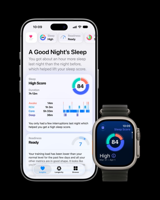 The Health app displayed across iPhone 18 Pro and Apple Watch Ultra 4 shows a user’s metrics for A Good Night’s Sleep onscreen.