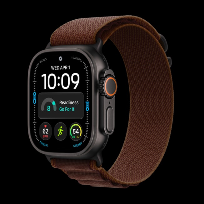 The black titanium Apple Watch Ultra 4 with a burgundy Alpine Loop.