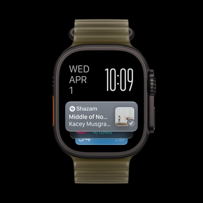 The Shazam app shows a song by Kacey Musgraves on the Smart Stack on Apple Watch Ultra 4.