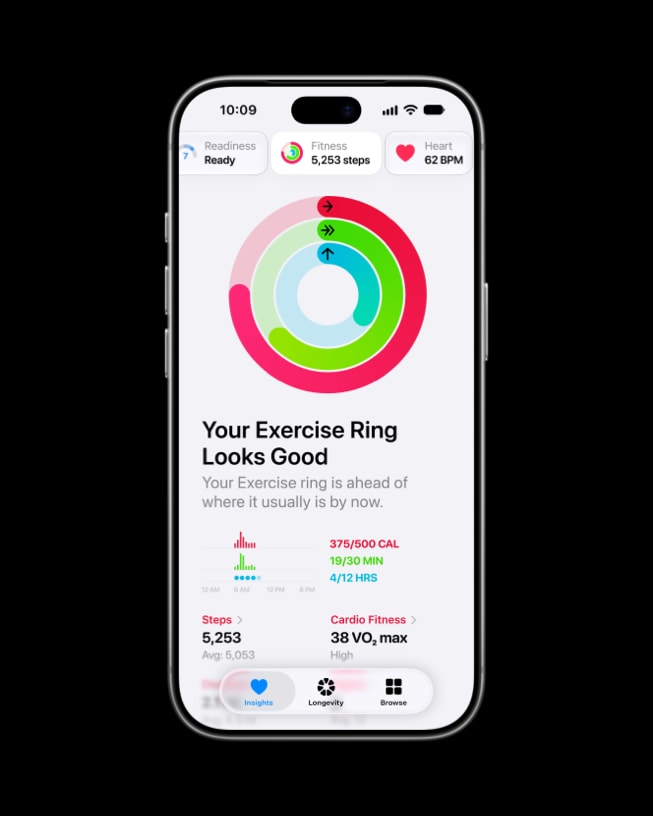 A Readiness update displayed on iPhone 18 Pro shows progress on a user’s Activity rings with the summary Your Exercise Ring Looks Good.