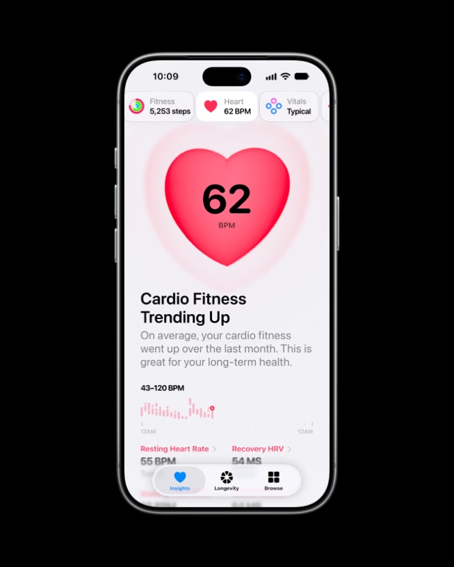 The Health app on iPhone 18 Pro shows displays the update Cardio Fitness Trending Up.