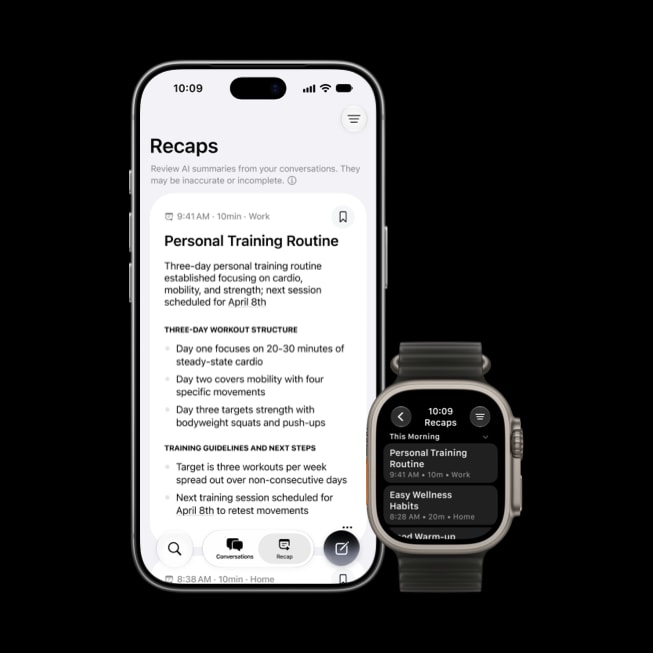 The Siri Recap feature creating a summary of a user’s personal training routine is displayed across iPhone 18 Pro and Apple Watch Ultra 4.