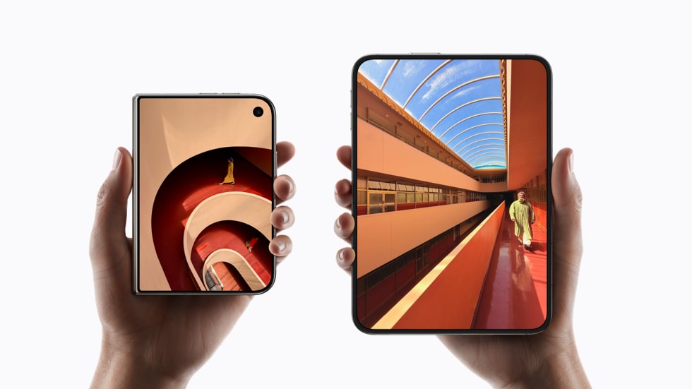 Two hands hold up iPhone Duo devices — one folded, and one unfolded.