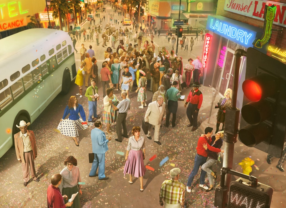 A photo shows people walking in a city scene with confetti on the ground and a retro-style bus in the street.