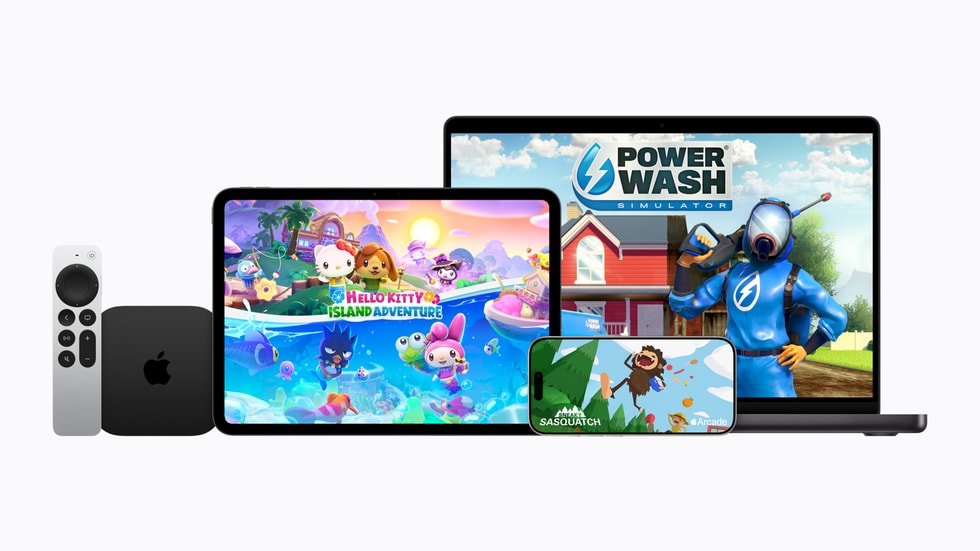 Apple TV, iPad, iPhone 18 Pro, and Mac devices show the Apple Arcade titles Hello Kitty Island Adventure, Sneaky Sasquatch, and PowerWash Simulator.