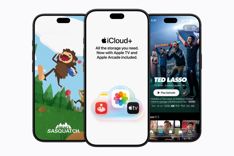 Three iPhone 18 Pro devices show Sneaky Sasquatch on Apple Arcade, a user’s iCloud+ account, and a page for “Ted Lasso” on Apple TV.