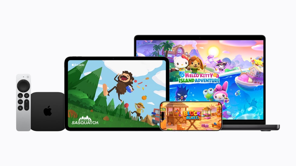 Apple TV, iPad, iPhone 18 Pro, and Mac devices show the Apple Arcade titles Hello Kitty Island Adventure, Sneaky Sasquatch, and PowerWash Simulator.