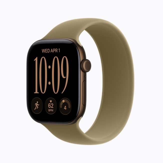 Apple Watch Series 12 in dark bronze aluminum with an olive Sport Band.