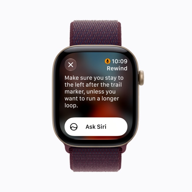 Apple Watch Series 12 shows the Live Rewind feature with a message that says, “Make sure you stay to the left after the trail marker, unless you want to run a longer loop.”