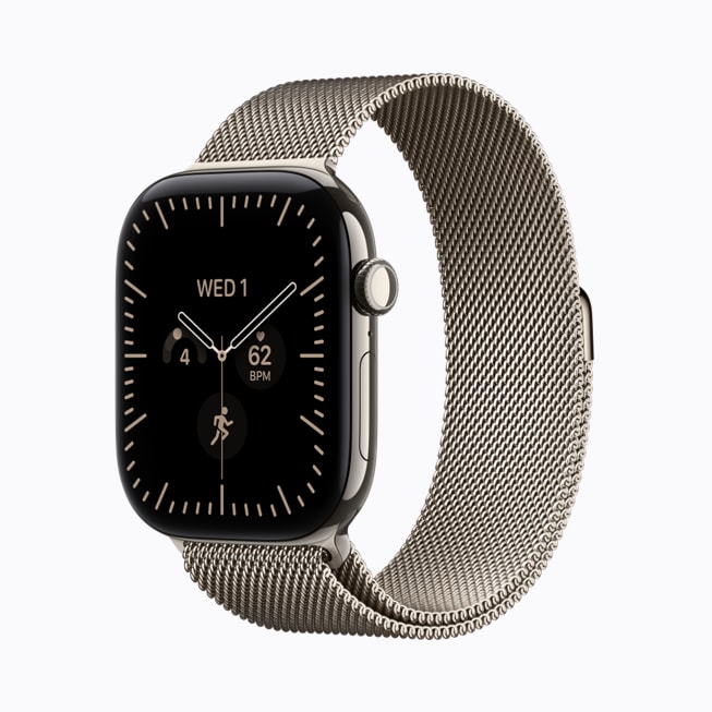 Apple Watch Series 12 in natural titanium with a natural Milanese Loop band.