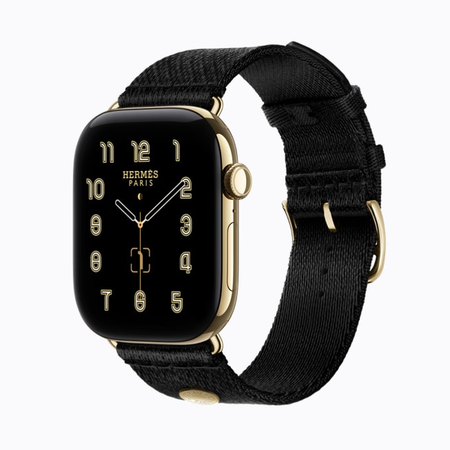 Apple Watch Hermès Series 12 with a Noir Satin Clou de Selle band.