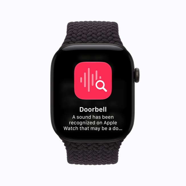 Apple Watch Series 12 shows the Sound Recognition feature with a message about a doorbell being detected.