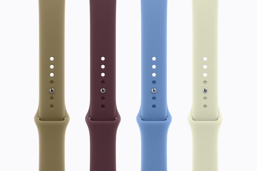 Sport Band options are shown in olive, burgundy, wildflower blue, and pale succulent.