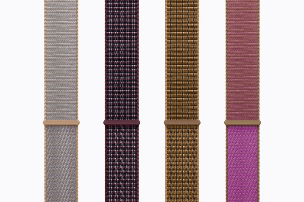 Sport Loop bands are shown in chambray blue, burgundy plaid, light umber plaid, and magenta.