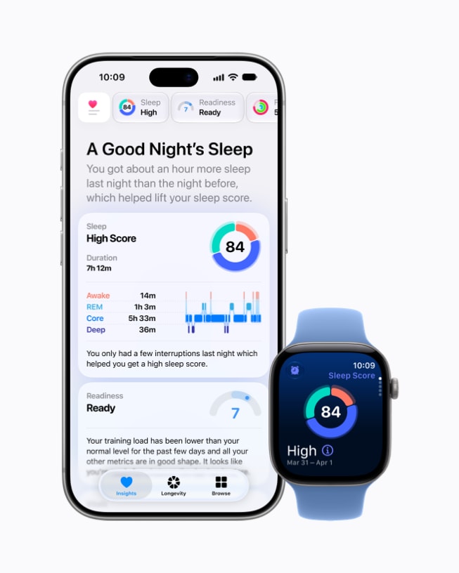 iPhone 18 Pro and Apple Watch Series 12 show a sleep score of 84 with the message “A Good Night’s Sleep.”
