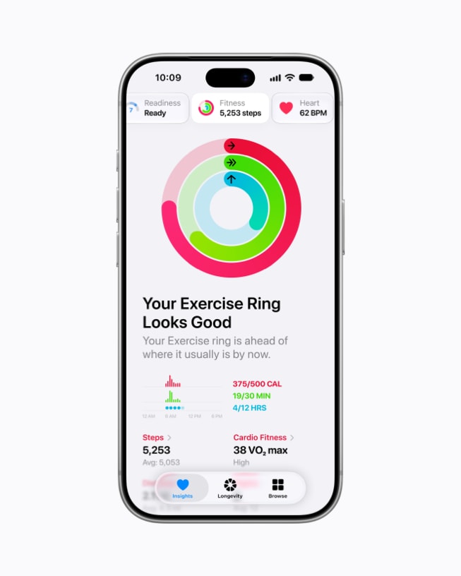 iPhone 18 Pro shows Exercise rings in the Insights tab of the Health app.