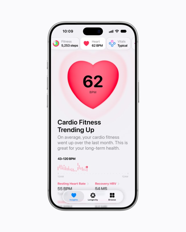 iPhone 18 Pro shows the user’s heart rate with the message “Cardio Fitness Trending Up” in the Insights tab of the Health app.