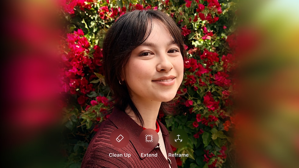 In the Photos app, a menu shows the Clean Up, Extend, and Reframe tools.