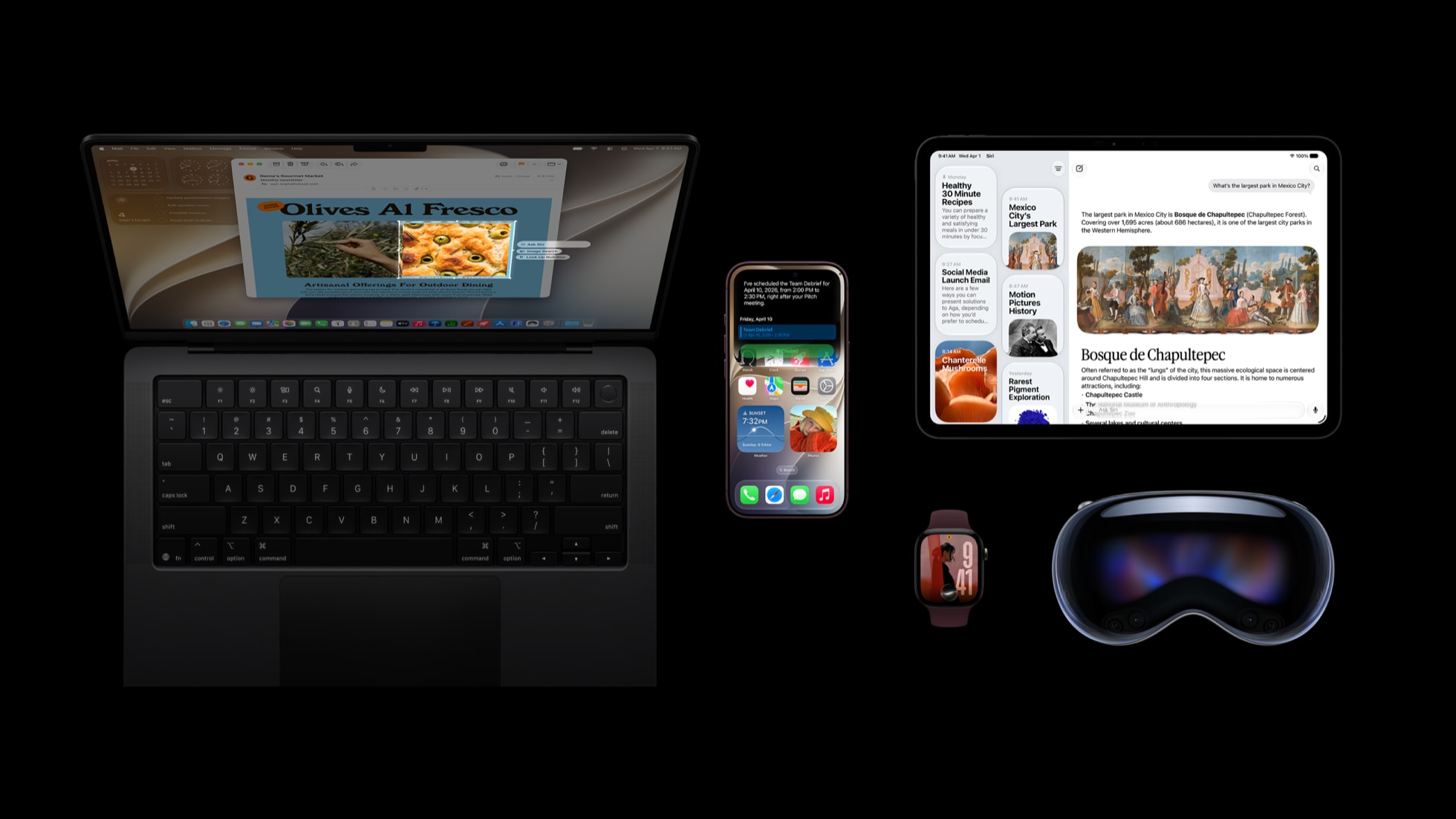 A user’s Mac, iPhone 18 Pro, Apple Watch Series 12, iPad, and Apple Vision Pro are shown on their desktop.