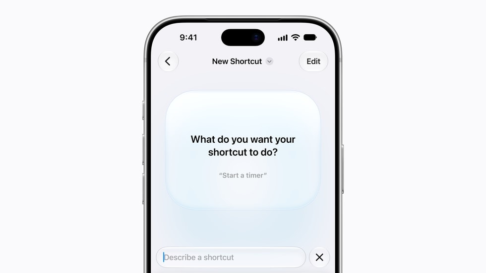On iPhone 18 Pro, a user employs the Describe a Shortcut tool to generate a shortcut titled “Compose a message.”