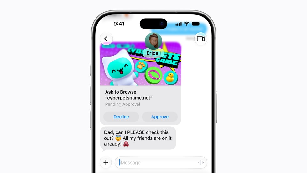 A child uses the Ask to Browse feature to ask their dad if they can visit a website called Cyber Pets Game.