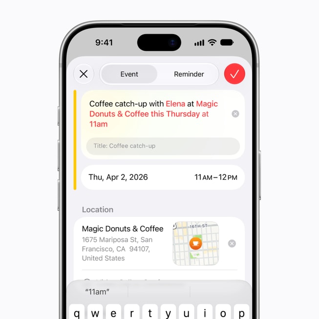 Apple Intelligence creates a Calendar event for a user on iPhone 18 Pro.