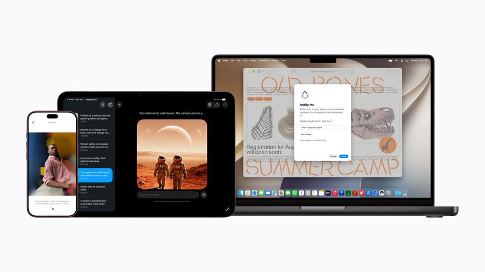 Apple Intelligence features are shown on iPhone 18 Pro, iPad, and Mac.